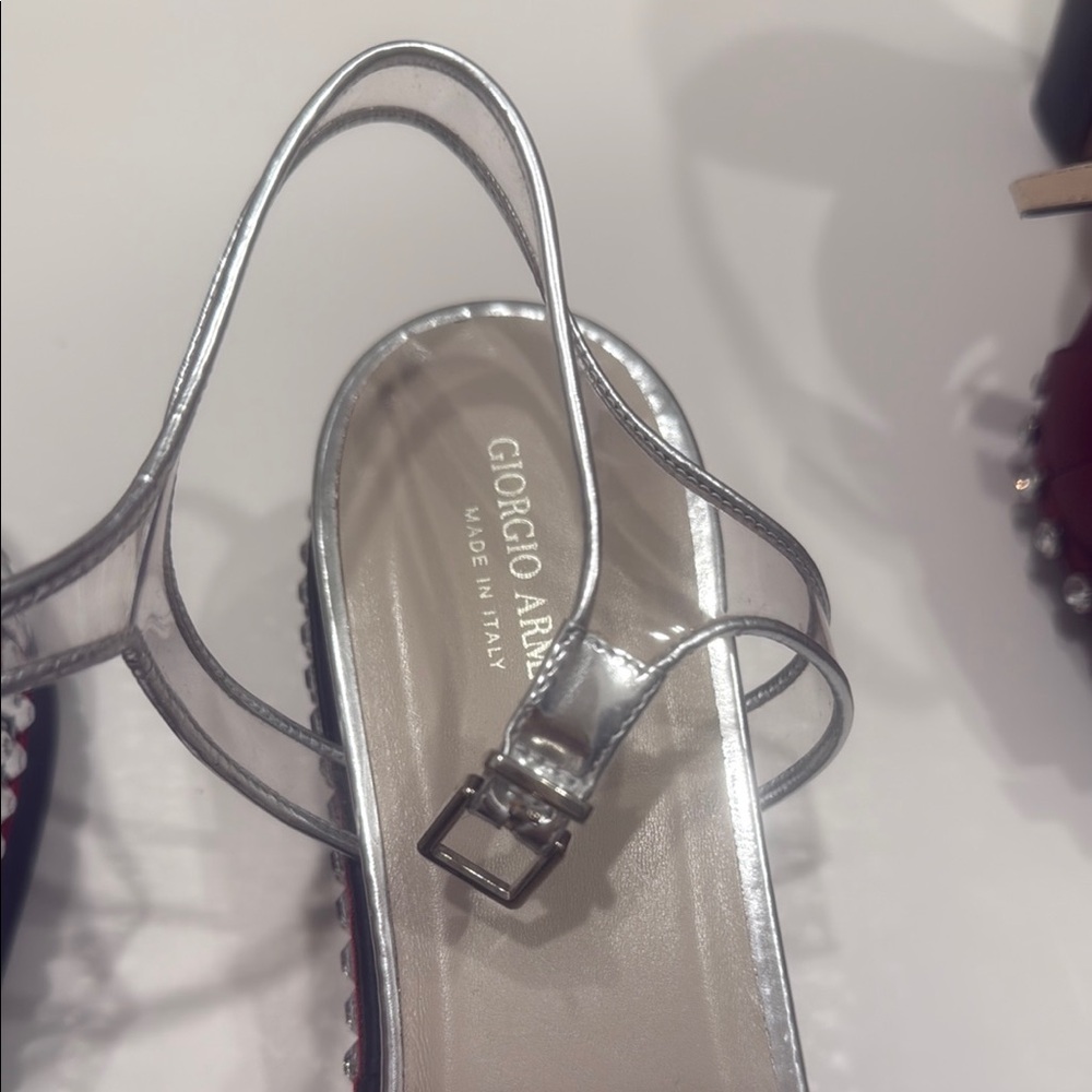 Giorgio Armani Silver Heeled Sandals with Strap Detail